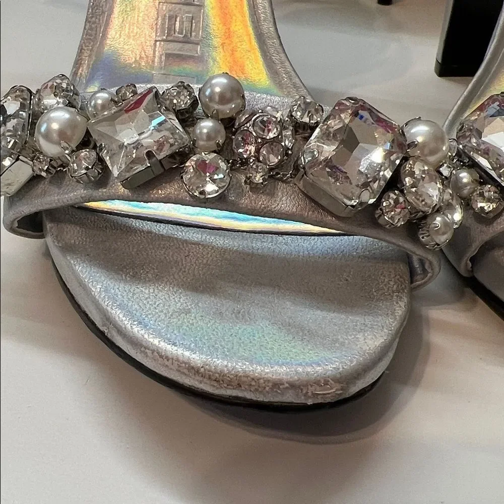 KARL LAGERFELD Silver Paris Calista rhinestones Ankle-Strap Heels Sandals Size 7